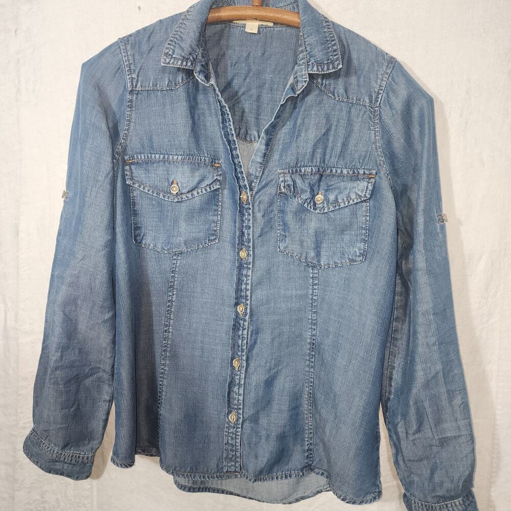 CLOTH & STONE sz S button tencel chambray denim roll tab sleeve shirt